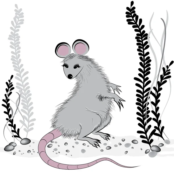 Rata, ratón como símbolo para el año 2020 por el horóscopo tradicional chino con hierba — Archivo Imágenes Vectoriales