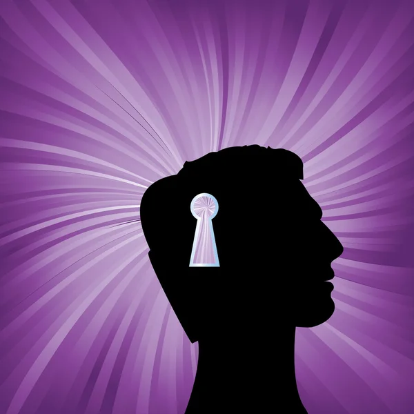 Ανθρώπινο κεφάλι με σήμα σύμβολο της κλειδαρότρυπας. Έννοια διάνυσμα ανοιχτό πνεύμα ασφάλειας. — Διανυσματικό Αρχείο