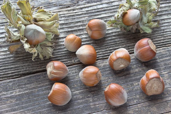 Pile of hazelnuts on wooden background — Stock Photo, Image