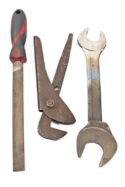 eski araçlar - ipçik, İngiliz anahtarı, üzerinde beyaz izole anahtarı ayarla 