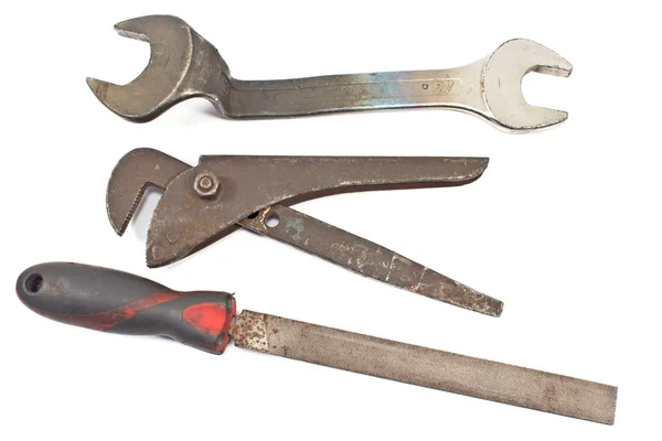 Instellen van oude tools - rasp, spanner, moersleutel geïsoleerd op wit — Stockfoto