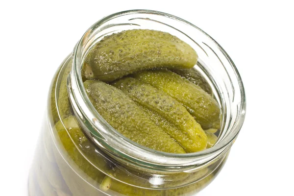 Pickled cucumbers in jar on white — Stock Photo, Image