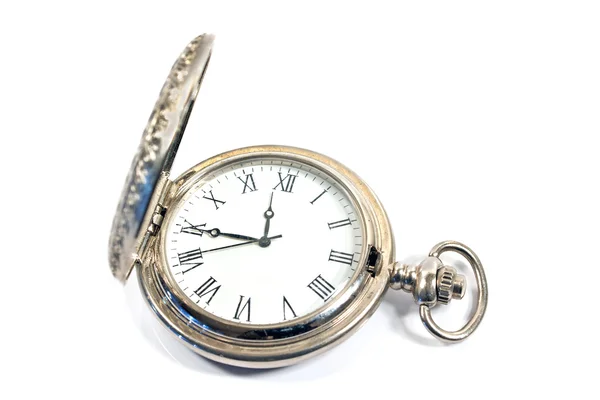 Reloj de bolsillo de plata aislado en blanco — Foto de Stock