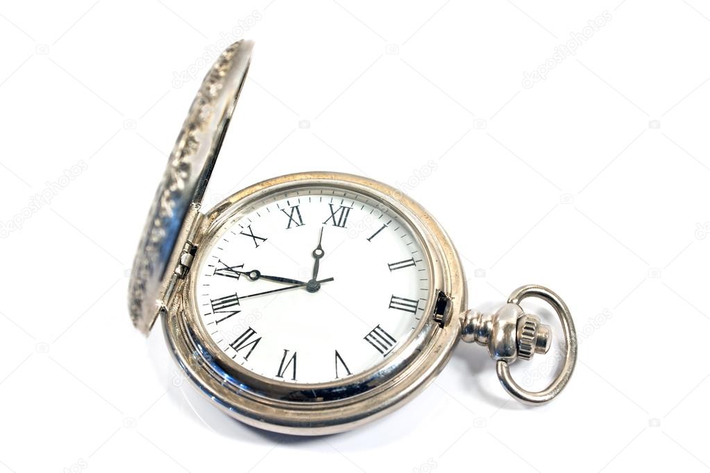 Silver pocket watch isolated on white