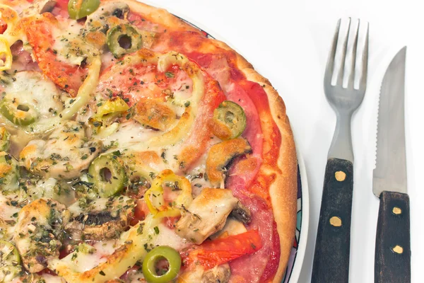 Delicious italian pizza with fork and knife — Stock Photo, Image