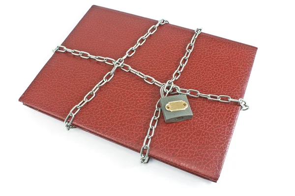 Red notebook with padlock and chain isolated on white — Stock Photo, Image