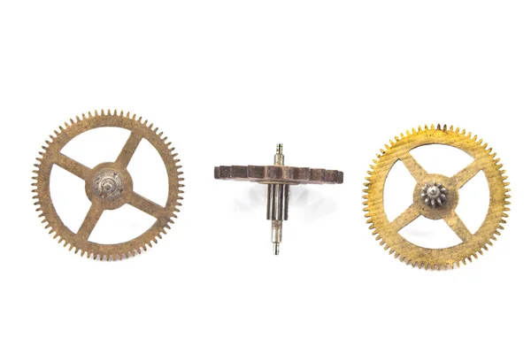 Üç eski cogwheels vites beyaz izole — Stok fotoğraf