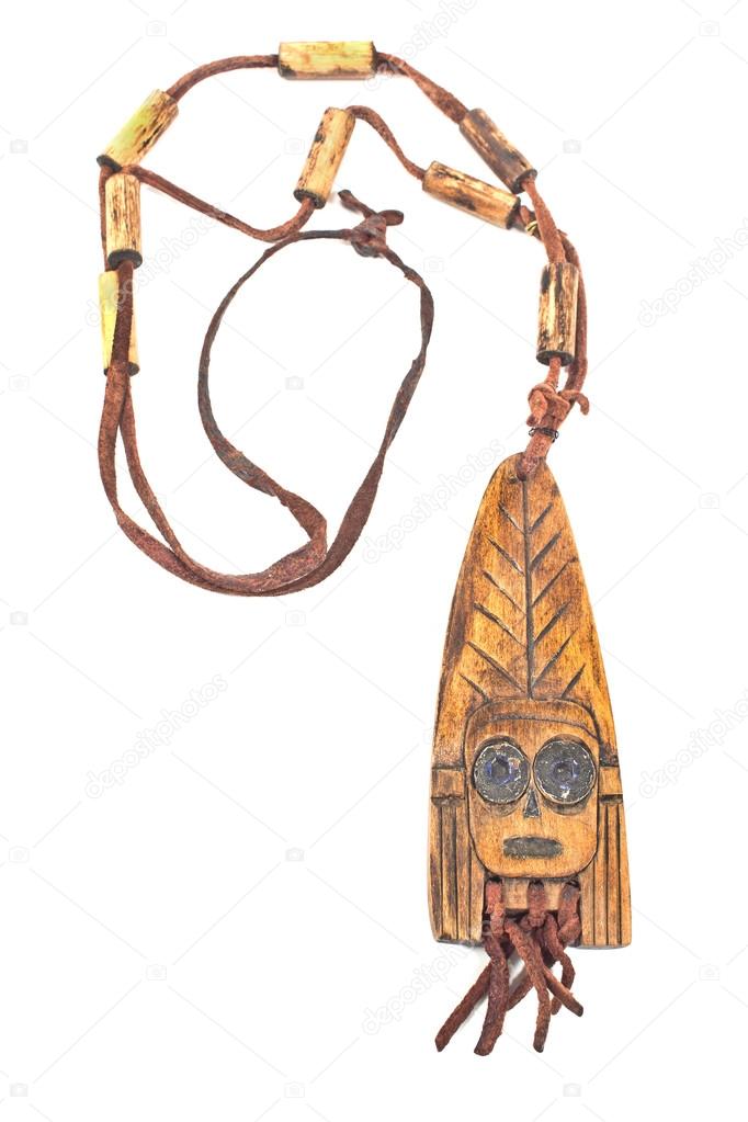 Wooden necklace with pendant of african woman isolated on white