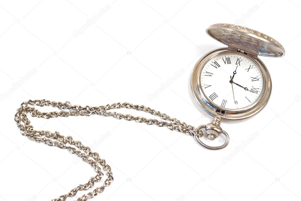 Old pocket watch with chain isolated on white