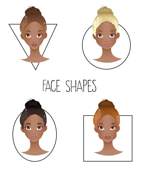 Ensemble de quatre formes de visage de femme différentes (version afro-américaine  ) — Image vectorielle