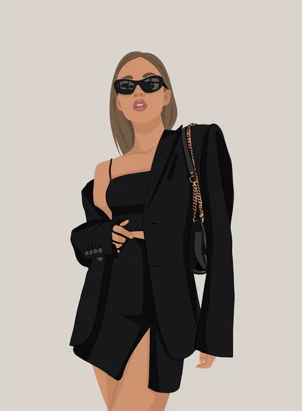 Belle fille dans petite robe noire art vectoriel simple — Image vectorielle