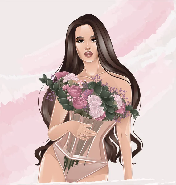 Fille avec des fleurs en corset sur fond rose — Image vectorielle