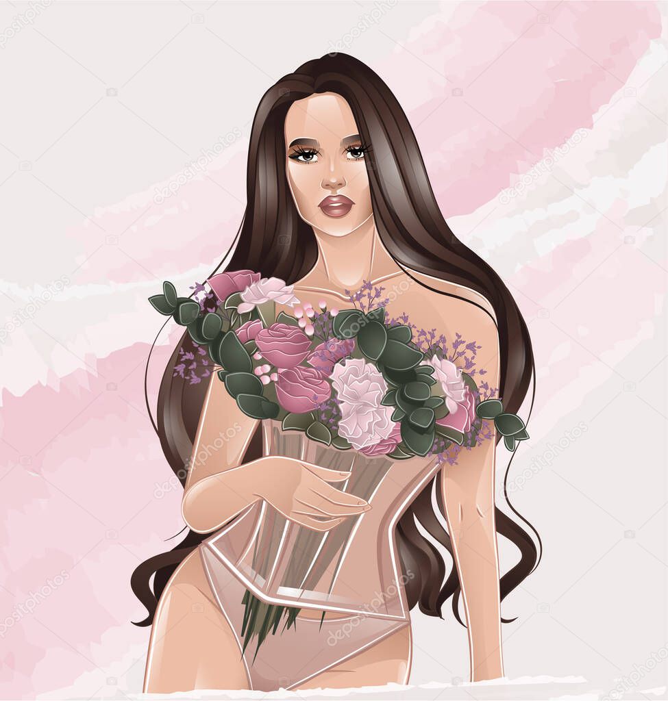 girl with flowers in corset on pink background