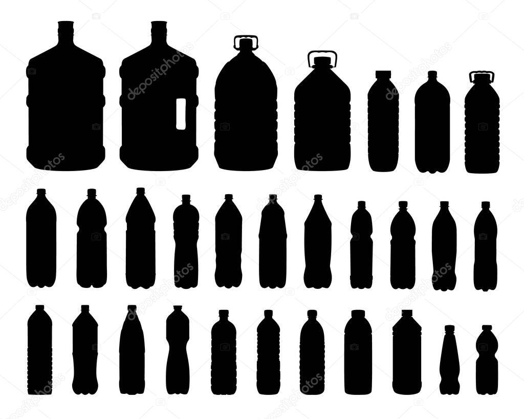 isolated plastic bottles set of different capacity on white background