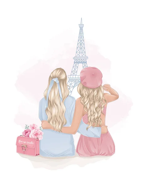 Dos amigas rubias sobre fondo rosa con torre Eiffel — Vector de stock