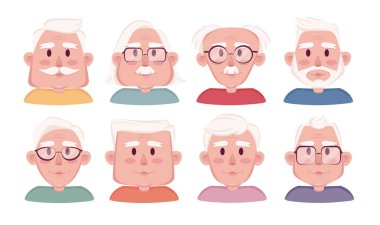 Yaşlı adam çizgi filmi vektör kümesi ve koleksiyona bakıyor