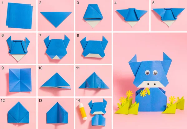 Instrucciones fotográficas paso a paso sobre cómo hacer un toro azul con papel con sus propias manos. Símbolo del nuevo año 2021. Artesanía sencilla con niños. Origami —  Fotos de Stock