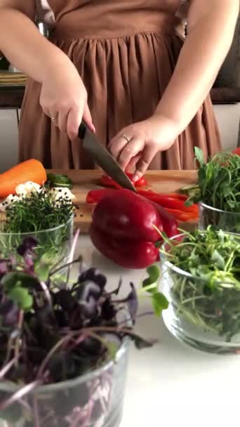 Una donna taglia i peperoni per una deliziosa insalata di verdure sana — Video Stock