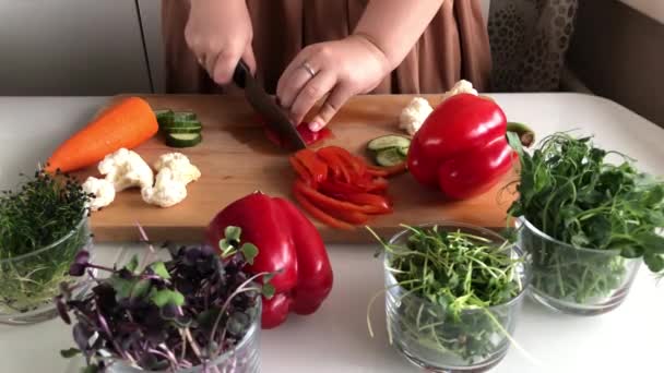 Bir kadın lezzetli, sağlıklı bir sebze salatası için biber keser. — Stok video