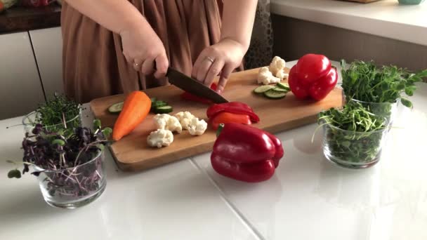 Una mujer corta pimientos para una deliciosa ensalada de verduras saludables — Vídeo de stock