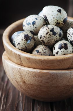 Tahta masadaki bıldırcın yumurtaları.