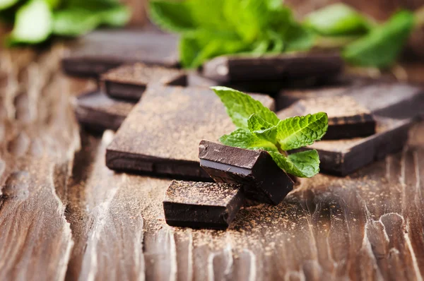 Dunkle Schokolade und grüne Minze — Stockfoto