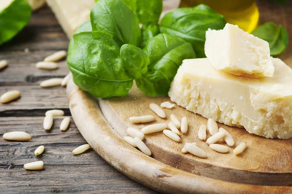 Basil, cheese, pine and olive oil — Stock Photo, Image