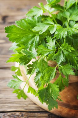 Ahşap masa üzerinde yeşil taze maydanoz 