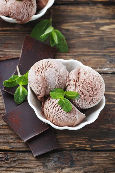 Chocolate ice cream with fresh mint