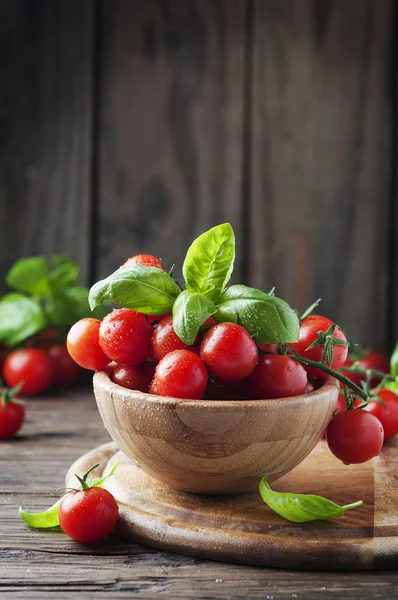 Concept of vegetarian food with basil and tomatoes — Stock Photo, Image