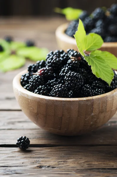 Wild blackberries in bowls — Stock Photo, Image