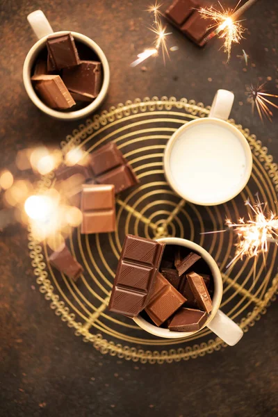 Concept Winter Holiday Piecies Chocolate Milk Ready Prerare Hot Chocolate — Stock Photo, Image