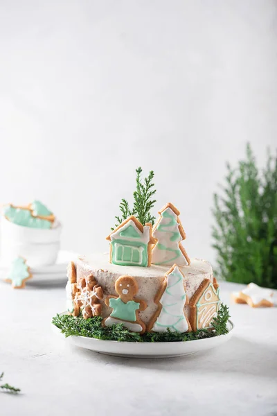 Christmas Nude Cake White Cream Christmas Decoration Selective Focus Image — Stock Photo, Image