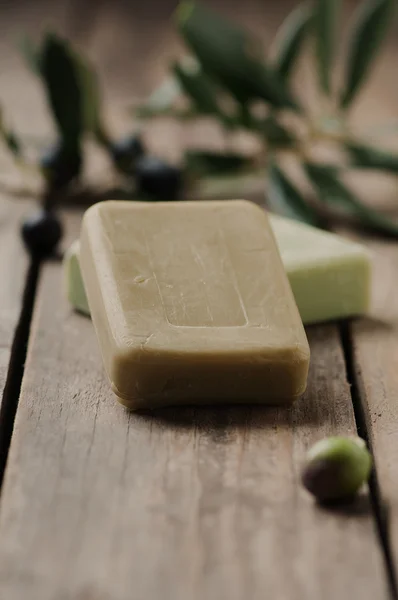 Olive handmade soap on the wooden table — Stock Photo, Image