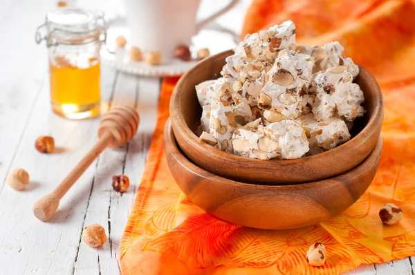 Sweet nougat in bowl — Stock Photo, Image