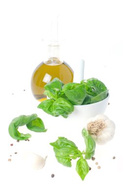 Fesleğen, sarımsak ve zeytinyağı şişesi