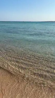 Hurghada, Kızıldeniz, Mısır 'ın kumlu sahilinde kristal berrak turkuaz su 4k dikey çekim.