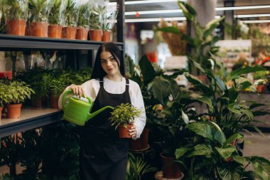 Genç bir kadın, bir bitkinin fidanlığında çalışıyor, saksı bitkisini suluyor. Etrafı çeşitli bitkilerle çevrili bir önlük giyiyor.