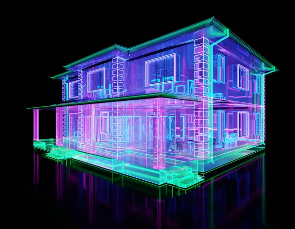 Abstract glass two-story building with neon lighting
