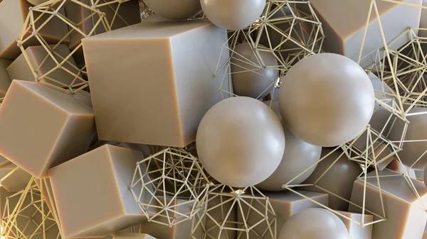 Abstract art of cubes, spheres and wireframe objects