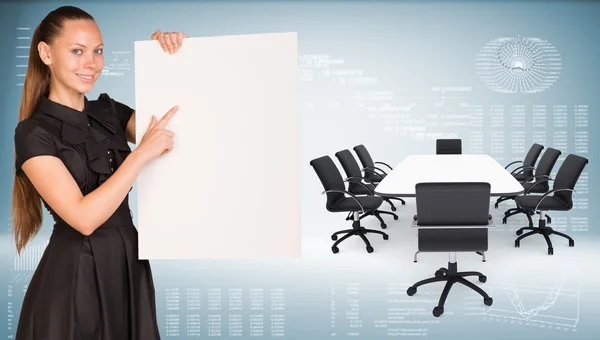 Businesswoman hold paper sheet. Big conference table with chairs are located next