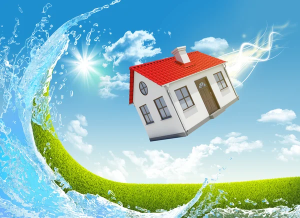 House is falling from the sky. Nature landscape with water on background