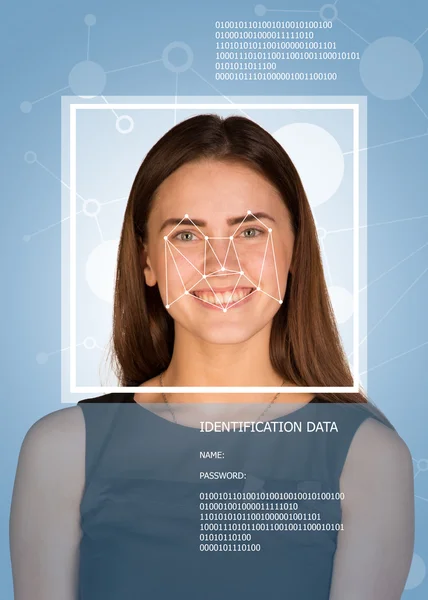 Concept of person identification. Woman looking at camera. Face with lines