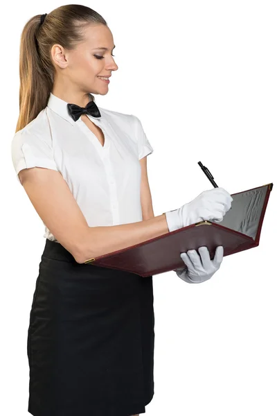 Waitress standing profile, with teeth smile