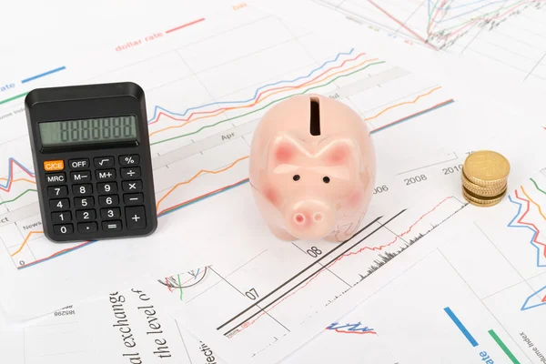 Piggy bank with calculator, top view