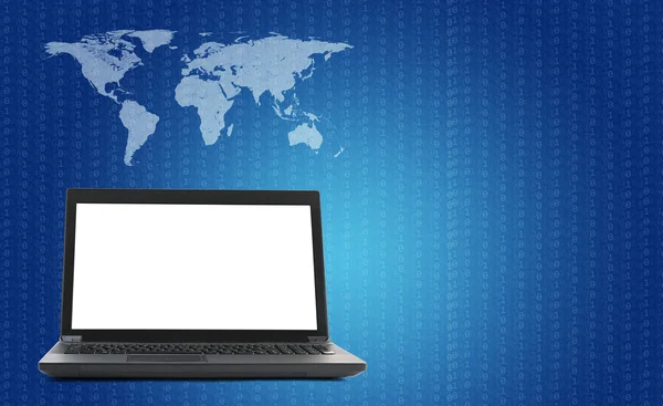 Laptop with world map and figure on blue