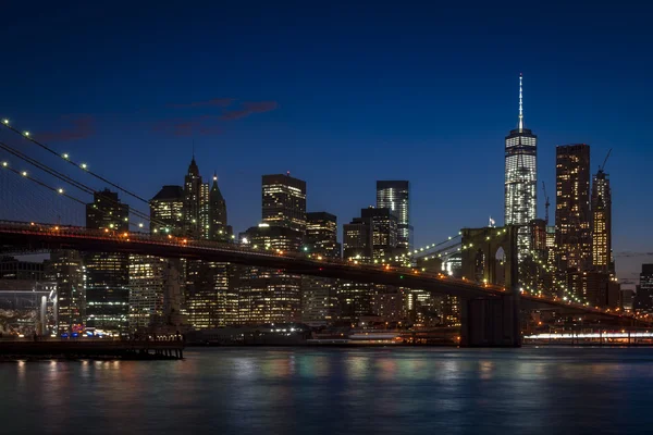 Panorama Brooklynského Mostu Panorama Manhattanu Jasné Noci — Stock fotografie