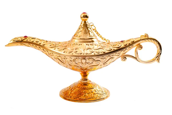 Grant Wish Desiring Financial Wealth Old Golden Magic Lamp Isolated — Stock Photo, Image