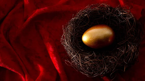 Individual retirement account, personal savings and pension fund concept with a golden egg in a nest symbolizing the accumulated wealth, isolated on red velvet background with copy space