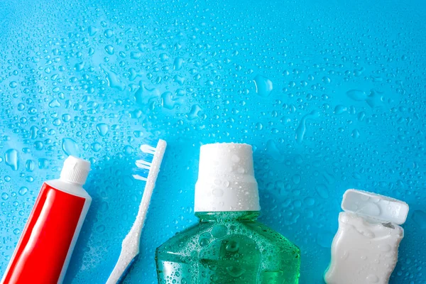 Dental Care Oral Hygiene Concept Bottle Green Mouthwash Toothbrush Dental — Stock Photo, Image